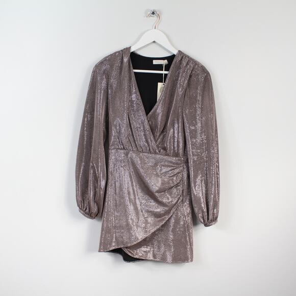 Ramy Brook Metallic Sparkly Faux-Wrap Mini Balloon Sleeve Cocktail Dress - Picture 4 of 7